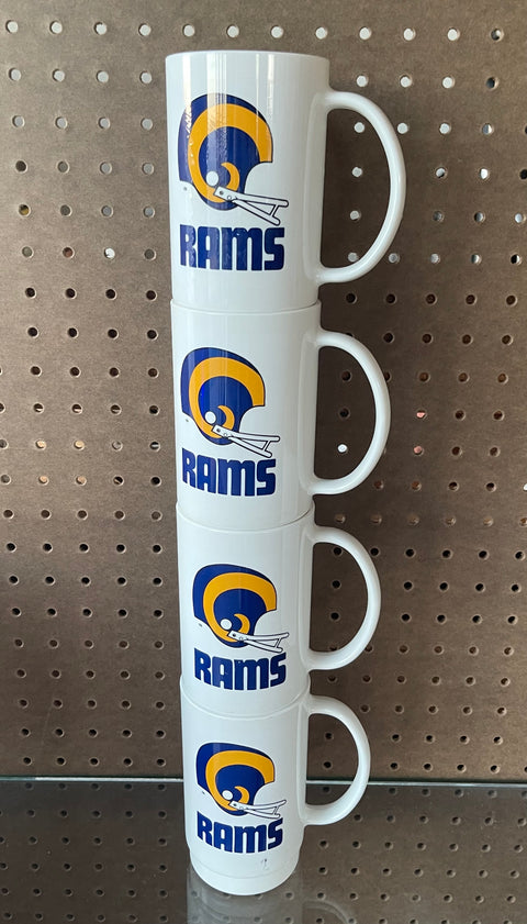 4 VINTAGE RAMS PLASTIC MUGS.